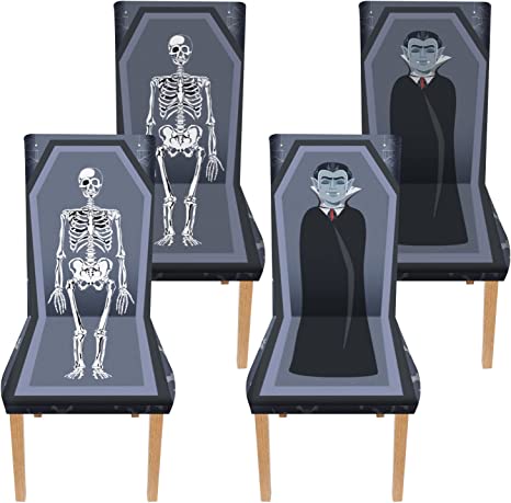 4 PCS Halloween Chair Covers, Halloween Printed Skull Vampire Coffin Tombstone Seat Protector, Removable Washable Chair Back Covers for Bedroom Hotel Restaurant Party Banquet