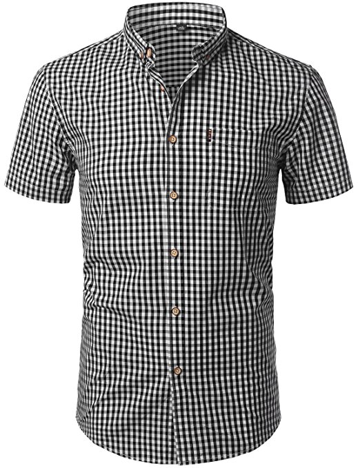 ZEROYAA Mens Slim Fit Short Sleeve Casual Button Down Grid Shirt/Plaid Tops