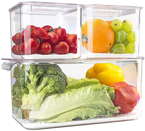 elabo Food Storage Containers Fridge Produce Saver- 3 Piece Set Stackable Refrigerator Organizer Keeper Drawers Bins Baskets with Lids and Removable Drain Tray for Veggie, Berry, Fruits and Vegetables