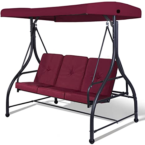 Tangkula Converting Outdoor Swing Patio Porch Garden Swing with Comfortable Cushion Seats, Adjustable Canopy & Coated Steel Frame Hammock 3 Seats Patio Deck Furniture (Wine)
