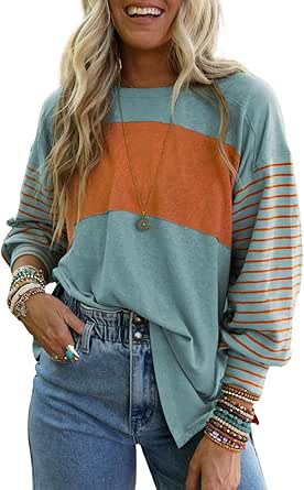 Dokotoo Long Sleeve Fall Tops Oversized 2024 Trendy Round Crew Neck Casual Color Block Womens Shirts Blouses