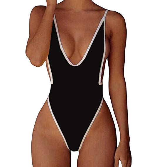 CROSS1946 Sexy Womens Monokini Deep V One Piece Backless Cheeky Swimwear Semi Thong Bikini