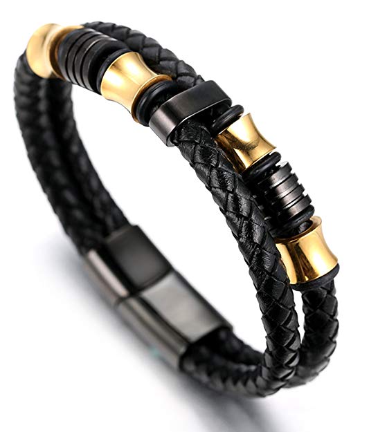 Halukakah ● Honour ● Men's Genuine Leather Bracelet with Titanium Beads Gun Black & Golden 8.46"(21.5cm) with FREE Giftbox