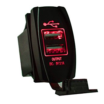 Mictuning Universal Rocker Style Car USB Charger - with Red LED Light Dual USB Power Socket for Rocker Switch Panel