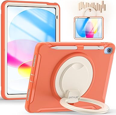 BATYUE iPad 10th Generation Case - Rugged Shockproof Protection Cover for 2022 10.9-inch iPad (10th Generation) with Screen Protector/Pencil Holder/ 360° Swivel Stand, for Kids - Orange