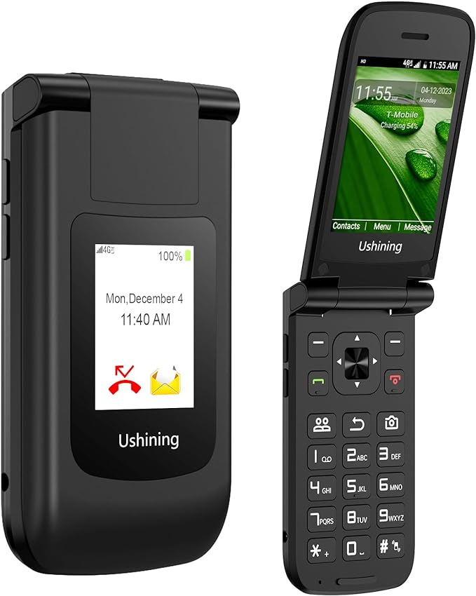 USHINING 4G Unlocked Flip Phone - Qualcomm Chip, Voice Function, GPS, T9 Input, Big Buttons, 2.8 Inch Screen, WiFi T-Mobile Senior Cell Phone for Kids - T2407 Black