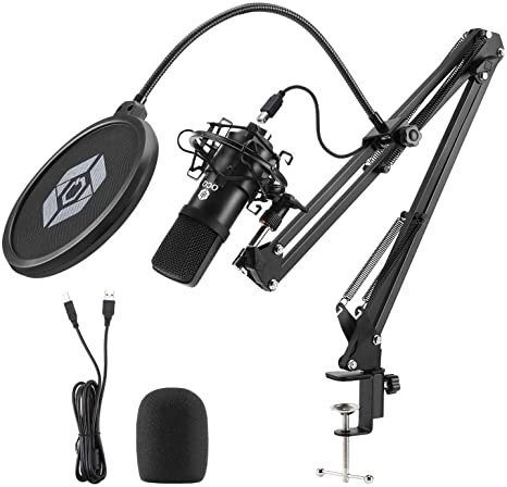 USB Streaming Podcast Microphone Kit,192KHZ/24BIT Plug & Play Cardioid Condenser PC Mic with Boom Arm, Metal Shock Mount, Pop Filter and Windscreen for YouTube, Gaming, Recording Music, Vocal (Black)