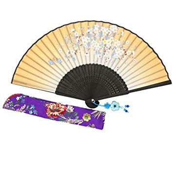 Wise Bird Hand Held Folding Japanese Fan - F609(Design 2017) Chinese Handheld Silk Breeze Pocket Fan For Women,Outdoor Wedding Party Decorations with Silk Pouch and Embroidery.Gifts for Women