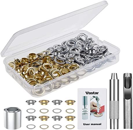 Vastar Grommet Tool Kit,100 Sets Grommets Eyelets with 3pcs Grommet Setting Tool，for DIY Projects Shoe Clothes Canvas,Gold and Silver（1/2 Inch Inside Diameter）