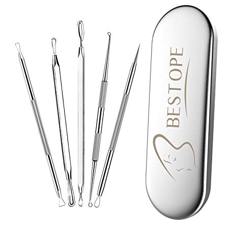 BESTOPE Blackhead Remover Tool Kit 5Pcs Spot Remover Tool- Acne Pimple Comedone Extractor - Pimple Popper for Facial Care Skin Protect with Silver Metal Case (5PCS)