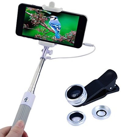 Apexel Mini Foldable Wired Built-in Remote Shutter Selfie Stick Monopod  3 in 1 Fisheye  Wide Angle Macro Phone Lens Kit for iPhone Samsung Silver
