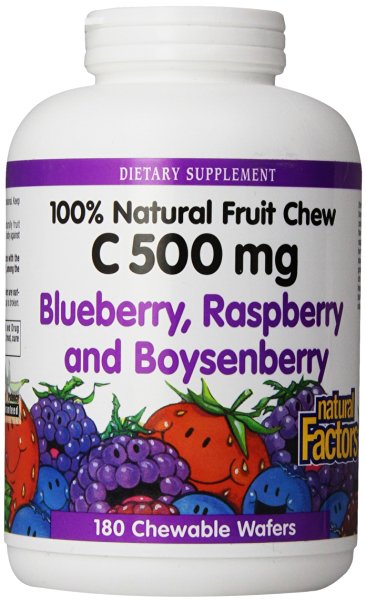 Natural Factors - Vitamin C 500mg, 100% Natural Fruit Chew, Blueberry, Raspberry, & Boysenberry, 180 Chewable Wafers