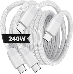 MoKo 240W USB C to USB C Cable, [2Pack, 6.6ft] Nylon Braided USB C Cable, Type C to C Cable Fast Charging Cord for iPhone 15/15 Pro/15 Plus/15Pro Max, MacBook Pro 2020, Samsung Galaxy S24, White