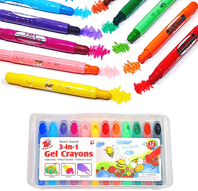 TBC 12 Count Silky Gel Crayons Set, Washable 3-in-1 Smooth Bolder Crayons, Pastel and Watercolor Effects, Ideal Gifts for Kids