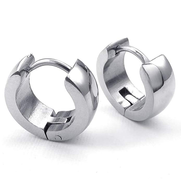 KONOV Mens Womens Stainless Steel Classic Plain Cambered Stud Huggie Hoop Earrings Set, Silver