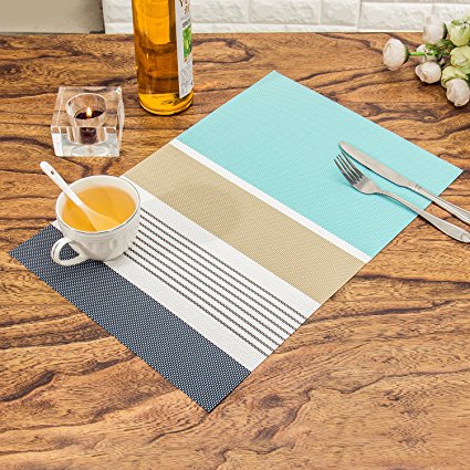 HEBE Placemats for Dining Table Set of 6 Exquisite Washable Woven Vinyl Placemats Heat Resistant Kitchen Table Mats Easy to Clean(6, Blue)