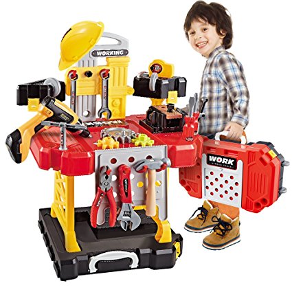 Toy Choi's 91 Pieces kids Power Workbench with Realistic Tools and Helmet, Electric Dril and Halmetl, STEM Kids Building Construction Tools Set (91 PCS WORKBENCH)