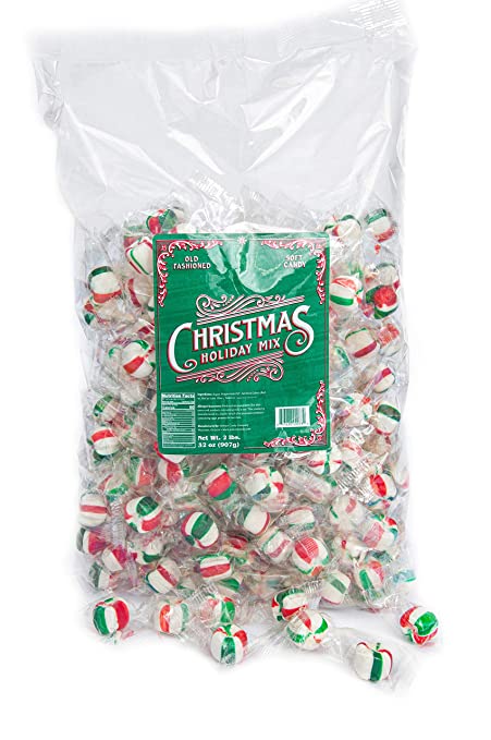 Stewart Peppermint Christmas Candy Puffs - Red and Green Striped Peppermint Soft Bite Candy Puffs - Christmas Holiday Mix - Made in the USA [2lb Bag]