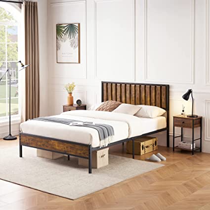 IDEALHOUSE Queen Bed Frame with Wood Headboard, Platform Metal Bed Frame Queen with 14 Heavy Duty Steel Slats, More Sturdy, Noise-Free, No Box Spring Needed