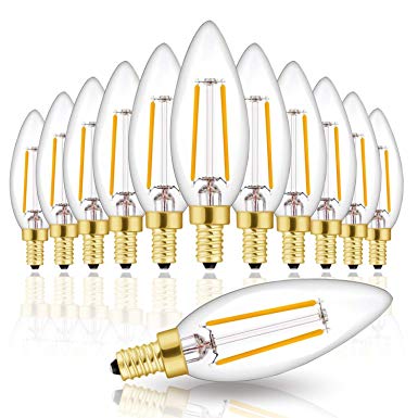 Hizashi Fully Dimmable 90  CRI 2W LED Candelabra Bulb 2700K Warm White, 20W 25W Equivalent 200 Lumen E12 Base LED Bulbs, B10 Clear Glass Bulb, 360 Degrees Beam Angle, UL Listed,12 Pack