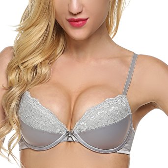 Ekouaer Women's Lace Padded Underwire Demi Plunge Push Up Bra 32A-42DDD