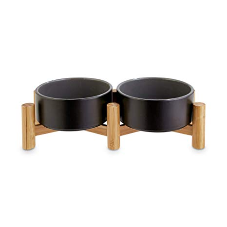 Reddy Black Ceramic & Bamboo Elevated Double Diner Pet Bowl