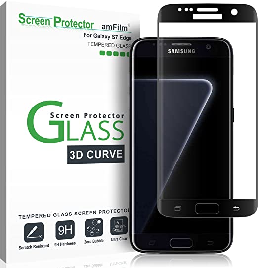 Galaxy S7 Edge Screen Protector Glass, amFilm Full Cover (3D Curved) Tempered Glass Screen Protector with Dot Matix for Samsung Galaxy S7 Edge (Black)