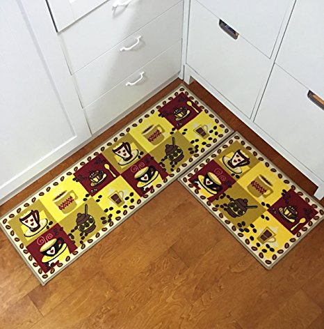 Easychan 2 Piece Sets Rubber Backing Non-Slip Kitchen Mat Doormat Rug Set (15"x47" 15"x23", cup)