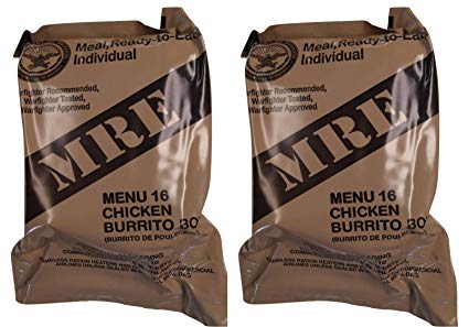TWO (2) NEW MRE's 2020 - 2021 1st Insp. date - US Military Meals Ready-to-Eat w/FREE DESSERT! (Two 16's - Chicken Burrito Bowl)