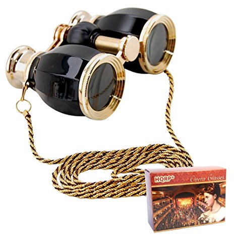 HQRP Opera Glasses Antique Style in Elegant Black Color with Gold Trim with Crystal Clear Optics (CCO) w/ Necklace Chain