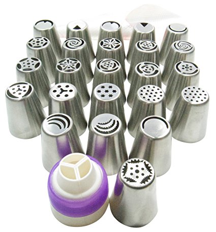 Pridebit Russian Piping Tips Cake/Cupcake Decorating Icing Tips 24 Extra Large Stainless Steel Piping Tips 1 XL Tri-color Coupler 5 Pastry Decorating Bags