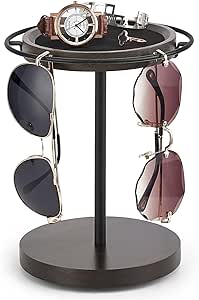 Mkono 360° Rotating Sunglasses Organizer Glasses Holder Stand Metal Frame with Wood Base and Tray Eyeglasses Storage Display Rack for up to 12 Pairs of Eyewear for Table Dresser Desk Bedroom, Black