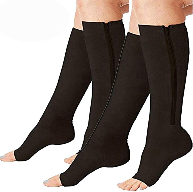 2 Pairs Compression Socks Toe Open Leg Support Stocking Knee High Socks with Zipper