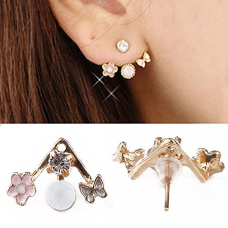 Banggood 1Pair Lady Crystal Flower Rhinestone Earrings Front anf Back Ear Stud