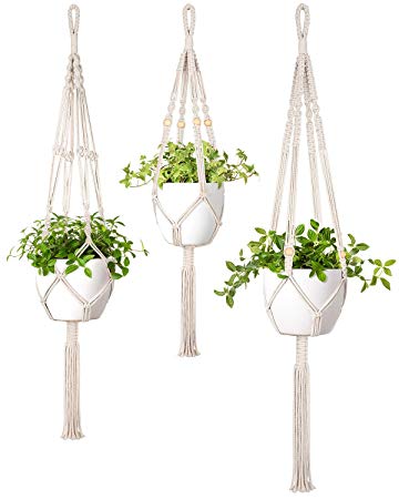 Mkono 3 Pcs Macrame Plant Hanger Indoor Outdoor Hanging Planter Basket Flower Pot Holder Boho Home Decor