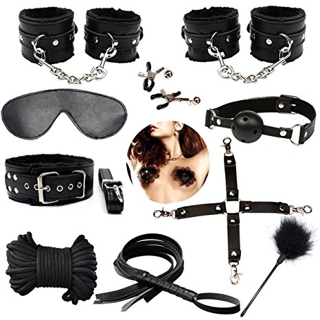 Bondage Restraint Kit 11Pcs Fetish Bed Restraints System with Handcuffs Footcuffs Whip Rope Blindfold Mask Mouth Gag Magic Wand Cross Strap Couples Toy Set for Couples