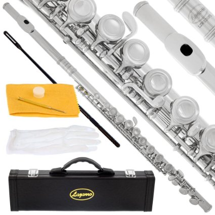 Lazarro Professional Silver Nickel Closed Hole C Flute for Band, Orchestra, with Case, Care Kit, Gloves and Warranty, 120-NK