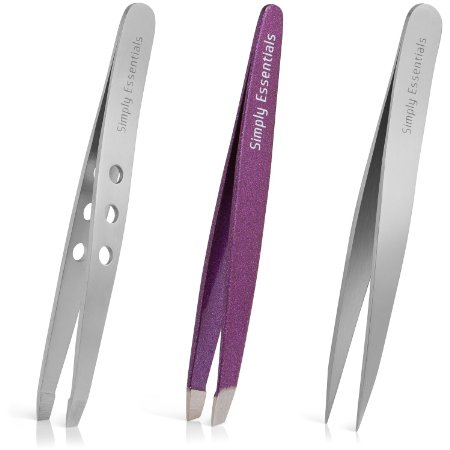 Professional Stainless Steel Tweezers Set Of Three- Includes CASE With Pointed Silver Slanted and Purple Slant Designs - Precision Calibrated - Best Surgical Grade for Eyebrow Ingrown Hair Nose Hair Splinters and More Great for Mothers Day