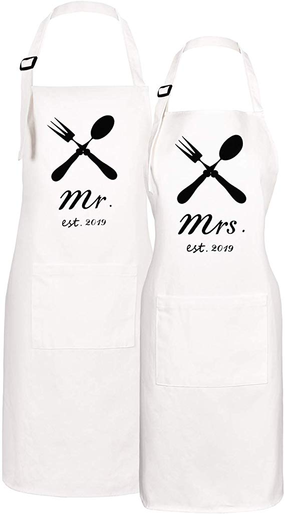 Sevenstars 2 Pack 100% Cotton Couple Cooking Aprons with Pockets, Mr. and Mrs. Kitchen Aprons Adjustable Baking Aprons for Wedding Men Women