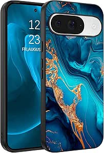 BENTOBEN for Google Pixel 9/9 Pro Case, Slim Fit Glow in The Dark Hybrid Hard PC Soft TPU Bumper Drop Protective Girls Women Men Phone Cover for Pixel 9/9 Pro, Blue Marble/Gold