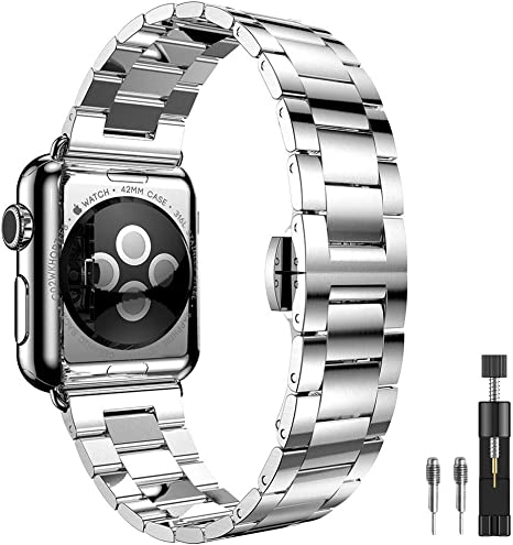 PUGO TOP Strap Compatible for Apple Watch Ultra 49mm Series 8 7 41mm 45mm SE Series 6/5/4/3/2/1 38mm 40mm 42mm 44mm, Solid Stainless Steel Metal Business Band with Folding Clasp for Iwatch