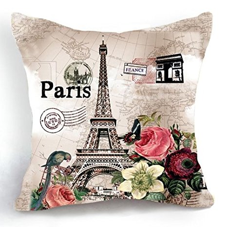 OJIA Retro Vintage Paris Eiffel Tower Home 18 X 18 Inch Cotton Linen Decorative Throw Cushion Cover / Pillow Sham