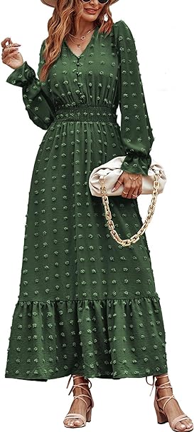 MASCOMODA Women Boho Maxi Dress 2023 Long Sleeve V Neck Swiss Dot Smocked High Waisted A-Line Ruffle Tiered Fall Long Dress