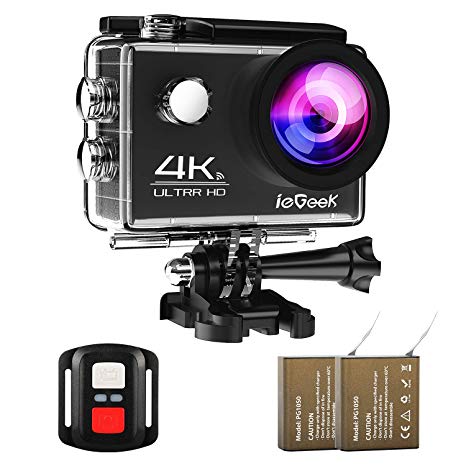 ieGeek [Updated Version] Sport Action Camera 4K 30fps Ultra HD Camcorder 16MP WiFi Waterproof Camera with 2 Rechargeable 1050mAh Batteries/2.4G Remote Control/170° Wide View Angle/2 Inch LCD Screen