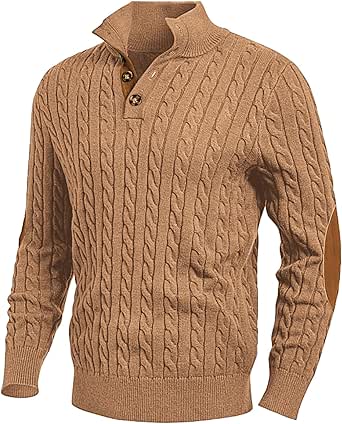 JMIERR Men's Cable Knit Pullover Sweater Casual Long Sleeve Stand Collar Button Knitted Sweaters