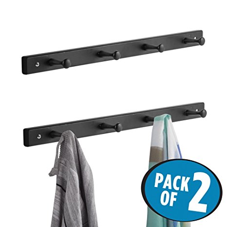 mDesign Wall Mount Entryway Storage Wood Rack for Jackets, Coats, Hats, Scarves - Pack of 2, 4 Pegs each, Matte Black