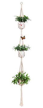 Aozita Classic Macrame 3 Tier Plant Hanger for Hanging Holder Flower Baskets Pot Indoor Outdoor Decor with 2 Hooks - 70 Inch