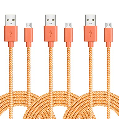 iSeeker Micro USB Cords Bundle of 3 Durable 6.6ft/2m Nylon Braided Tangle-Free Cable for Samsung, HTC, Motorola, Nokia and More Smartphone (Orange)