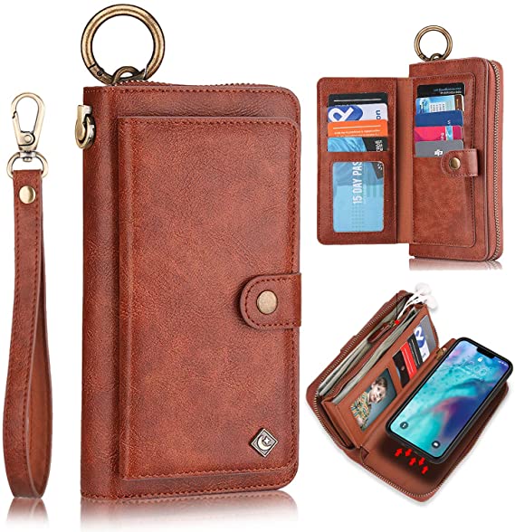 iPhone 11 Wallet Case, XRPow 2-in-1 Multi-Functional Magnetic Detachable Wallet Zipper Purse Clutch Slim Shock Cover Flip Credit Card Protective Case [Wrist Strap] for iPhone 11 6.1Inch - Brown