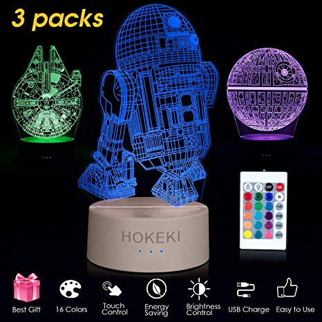 HOKEKI Star Wars Night Light 3D Illusion Star Wars Night Light-Death Star  R2-D2   Millennium Falcon 16 Color Changing Decorative Light Best Gifts for Star Wars Fans and Kids Bedroom (3 Packs)